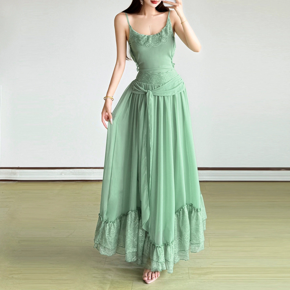 Zara Flowy Summer Lace Trim Spaghetti Strap Waist Cinched Ruffle Hem Dress